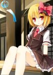  1girl blonde_hair bow hair_bow looking_at_viewer necktie open_mouth red_eyes rumia shirt short_sleeves sitting skirt solo touhou veranda vest wind_chime yuuhagi_(amaretto-no-natsu) 