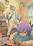  3girls 633b blue_eyes blue_hair book bookshelf calendar_(object) closed_eyes drinking_glass headset highres holding holding_book long_hair mirror multiple_girls pantyhose purple_hair reading school_uniform sekka_yufu serafuku short_hair silver_hair smile straw utane_uta utau violet_eyes wall_clock yurika_sayu 