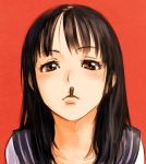  1girl black_hair brown_eyes food_in_mouth long_hair looking_at_viewer mouth_hold onigiri_jou original pocky pocky_kiss portrait pov red_background shared_food solo 