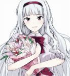  1girl :d bangs birthday blunt_bangs bouquet bow flower hairband highres idolmaster long_hair minato_(shouno) open_mouth shijou_takane silver_hair smile solo very_long_hair violet_eyes white_background 
