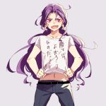  1boy cars_(jojo) casual earrings horns jewelry jojo_no_kimyou_na_bouken long_hair purple_hair red_eyes sakino_saku solo t-shirt 