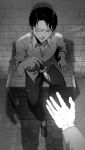  arm_support box brick_wall dagger from_above greyscale highres levi_(shingeki_no_kyojin) monochrome outstretched_hand par. sett shadow shingeki_no_kyojin short_hair sitting solo_focus torn_clothes torn_pants weapon 
