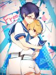  2boys blonde_hair blue_hair free! glasses hat hazuki_nagisa highres hug male multiple_boys red_eyes ryuugazaki_rei sailor sailor_hat short_hair shorts smile tkhs2030 violet_eyes wink 