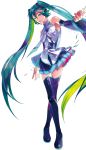  aqua_eyes aqua_hair boots crossed_legs_(standing) green_hair hatsune_miku hatsune_miku_(vocaloid3) headphones headset highres long_hair multicolored_hair nail_polish necktie official_art outstretched_arm see-through skirt smile thigh_boots thighhighs transparent_background twintails vocaloid zain 