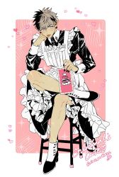  1boy alternate_costume ankle_cuffs apron black_dress black_hair black_nails black_shoes blush brown_hair buttoned_cuffs buttons character_name collared_dress crimzon_ruze crossdressing d0gpeace dress ear_piercing earrings elbow_on_knee elbow_rest english_text enmaided figure_four_sitting frilled_apron frilled_dress frills full_body hand_on_own_cheek hand_on_own_face head_rest heart highres holding holding_menu holostars jewelry juliet_sleeves long_sleeves maid maid_apron male_focus male_maid menu multicolored_hair nail_polish on_stool piercing pink_background pointy_ears puffy_sleeves scar scar_on_leg shoes short_hair sitting sleeve_cuffs solo sparkle sparkle_background stool tareme tongue tongue_out two-tone_hair violet_eyes virtual_youtuber 