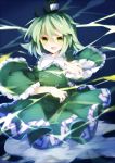  1girl dress electricity ghost_tail green_dress green_eyes green_hair hat long_sleeves open_mouth short_hair smile soga_no_tojiko solo tate_eboshi touhou wide_sleeves 