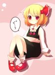  1girl :&lt; absurdres black_dress blonde_hair dress hair_ribbon hand_on_stomach highres long_sleeves pigeon-toed red_eyes red_shoes ribbon ruhika rumia shirt shoes sitting solo touhou translation_request 