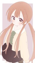  1girl absurdres blush border brown_eyes brown_hair brown_jacket brown_shoes brown_skirt buttons closed_mouth commentary green_shirt hair_ornament hairclip highres jacket leg_up long_hair long_sleeves looking_at_viewer mesushio oomuro-ke oomuro_hanako open_clothes open_jacket outside_border pleated_skirt shirt shirt_tucked_in shoes simple_background skirt sleeves_past_wrists solo standing sweatdrop twintails very_long_hair white_border x_hair_ornament yuru_yuri 
