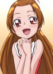  1girl brown_eyes brown_hair dokidoki!_precure dress gradient gradient_background half_updo long_hair looking_at_viewer madoka_aguri manji_(tenketsu) open_mouth precure red-dress solo 