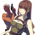  1boy 1girl archer belt breasts brown_eyes brown_hair dark_skin dog_tags fate/extra fate/extra_ccc fate_(series) gun kin_mokusei kishinami_hakuno_(female) long_hair weapon white_hair 