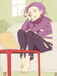  1boy barefoot couch freckles jojo_no_kimyou_na_bouken long_hair midriff pencil purple_hair sakino_saku solo sweater vinegar_doppio yellow_eyes 