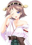  blue_eyes brown_hair detached_sleeves drooling gorua_(youce01) hairband hiei_(kantai_collection) japanese_clothes kantai_collection off_shoulder open_mouth personification rubbing_eyes short_hair sleepy wink 