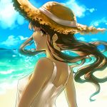  1girl beach brown_eyes brown_hair dress fate/extra fate_(series) hat kin_mokusei kishinami_hakuno_(female) long_hair solo sun_hat sundress 