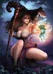  1girl armpits bare_shoulders breasts brown_eyes brown_hair cleavage detached_sleeves dragon&#039;s_crown frog hat kneeling large_breasts long_hair magion02 signature smile solo sorceress_(dragon&#039;s_crown) thighs wings witch_hat 