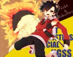  1boy black_hair gold_(pokemon) hat jacket male nicole_(usako) pokemon pokemon_(creature) pokemon_(game) pokemon_hgss shorts typhlosion yellow_eyes 