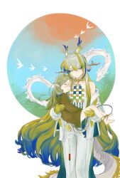  1boy 1girl absurdres aged_down arknights bare_shoulders blonde_hair blue_eyes blue_hair brown_shirt carrying carrying_person chinese_commentary closed_eyes closed_mouth colored_extremities commentary_request dragon dragon_girl dragon_horns dragon_tail earrings eastern_dragon grey_hair grey_pants hair_between_eyes highres horns jewelry ji_(arknights) long_hair looking_at_another mole mole_under_eye multicolored_hair necklace off_shoulder pants pointy_ears seigaiha shirt shu_(arknights) sleeping smile streaked_hair tail very_long_hair zhizhijun45061 