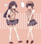  ... 2girls alternate_costume armband black_hair brown_eyes choukou_koukyou_no_inagi flower green_eyes hair_flower hair_ornament head_wreath long_hair misaka_mikoto misaka_mikoto_(cosplay) multiple_girls saten_ruiko school_uniform short_hair shorts skirt skirt_lift to_aru_kagaku_no_railgun to_aru_majutsu_no_index uiharu_kazari 