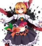  1girl blonde_hair bow embellished_costume hachimitsu_ame_(phoenix) hair_ribbon highres juliet_sleeves long_sleeves looking_at_viewer midriff navel outstretched_arms puffy_sleeves red_eyes ribbon rumia shirt skirt skirt_set smile solo touhou vest 