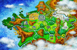  anistar_city artist_request bridge building city clouds copyright_name forest fountain grass hedge highres house island kalos_map lava lumiose_city map map_(medium) nature no_humans official_art pokemon pokemon_xy prism_tower river rock snow third-party_source town turbine 