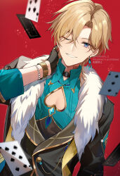  1boy aqua_shirt aventurine_(honkai:_star_rail) black_gloves blonde_hair bracelet card clothing_cutout collared_shirt commentary earrings fur_trim gloves hair_between_eyes highres honkai:_star_rail honkai_(series) jewelry looking_at_viewer male_focus miyanami_3 multicolored_eyes neck_tattoo nine_of_spades one_eye_closed pectoral_cleavage pectorals playing_card red_background seven_of_spades shirt smile solo tattoo three_of_spades two-tone_eyes 