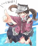  1girl brown_eyes brown_hair cannon kantai_collection long_hair open_mouth pointing ryuujou_(kantai_collection) skirt smile solo symbol-shaped_pupils taker translation_request twintails visor_cap 