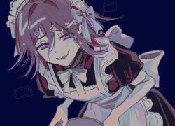  1boy alternate_costume apron black_dress blue_background commentary crossdressing danganronpa_(series) danganronpa_v3:_killing_harmony dress enmaided eyelashes ff9900 flipped_hair frilled_apron frills hair_between_eyes hair_intakes hair_ornament hair_ribbon hairpin half-closed_eyes heart heart_hair_ornament holding holding_tray leaning_forward long_sleeves looking_at_viewer maid male_focus male_maid medium_hair multiple_hairpins oma_kokichi open_mouth otoko_no_ko puffy_short_sleeves puffy_sleeves purple_hair ribbon ringed_eyes short_sleeves simple_background smile smirk smug solo speech_bubble symbol-only_commentary tray upper_body violet_eyes white_apron white_ribbon 