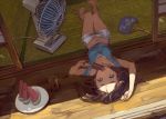  1girl barefoot blue_eyes breasts brown_hair cleavage cup electric_fan fan food fruit long_hair looking_at_viewer lying on_back open_mouth original plate popsicle short_hair shorts solo suzuno_(bookshelf) sweat tatami unzipped watermelon 
