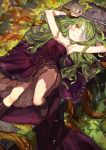  1girl bandage_over_one_eye bandages blush boots dress eyepatch grass green_hair gwayo highres long_hair looking_at_viewer moss on_back open_mouth purple_dress solo unlight vines wand 