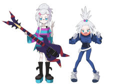  2girls absurdres bandaid bandaid_on_face bandaid_on_nose bass_guitar black_boots blue_bodysuit blue_eyes bodysuit boots bra_strap closed_mouth commentary cosplay costume_switch deux_murasame deux_murasame_(cosplay) dress expressionless freckles full_body gloves grey_hair gundam gundam_gquuuuuux hair_bobbles hair_bun hair_ornament hairclip highres holding holding_bass_guitar holding_instrument instrument knee_boots long_sleeves looking_at_viewer looking_down mecha_pilot_suit multiple_girls normal_suit_(gundam) open_mouth platform_boots pokemon pokemon_bw2 roxie_(pokemon) roxie_(pokemon)_(cosplay) simple_background single_hair_bun spacesuit standing striped_clothes striped_dress topknot v wge white_background white_boots white_gloves wide_sleeves 