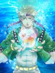  1boy aiu123456 blonde_hair bubble caesar_anthonio_zeppeli facial_mark feathers fingerless_gloves fish gloves green_eyes green_jacket hair_feathers headband highres jacket jojo_no_kimyou_na_bouken scarf solo underwater 