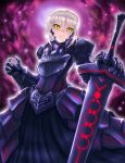  1girl armor armored_dress blonde_hair boken_fantasy dark_excalibur dress fate/stay_night fate_(series) highres saber saber_alter solo sword weapon yellow_eyes 