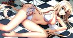  1girl absurdres barefoot bikini blonde_hair blue_eyes bou breasts checkered checkered_floor cleavage copyright_name female fixed hairband highres irisdina_bernhard large_breasts leg_up long_hair lying muvluv navel on_side perspective scan schwarzesmarken side-tie_bikini solo swimsuit very_long_hair white_bikini white_swimsuit 