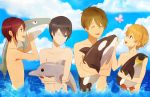  4boys bird blonde_hair blue_eyes brown_hair butterfly dolphin free! hazuki_nagisa male matsuoka_rin multiple_boys nanase_haruka_(free!) penguin red_eyes redhead shark short_hair smile tachibana_makoto whale 