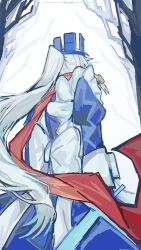  1other 1x1x1x1_(roblox) apron back_bow blue_crown blue_dress bow braid cosplay crown dress forest forsaken_(roblox) high_ponytail highres ichika_breh izayoi_sakuya izayoi_sakuya_(cosplay) juliet_sleeves long_hair long_sleeves maid nature ponytail puffy_sleeves red_scarf roblox scarf side_braids touhou very_long_hair white_apron white_bow white_hair winter 