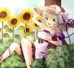  1girl alternate_costume aqua_hair bare_arms bare_shoulders blue_sky clouds collarbone dress flower grass green_eyes hand_on_hat hat hat_ribbon komeiji_koishi looking_at_viewer off_shoulder open_mouth outdoors reclining ribbon shade short_hair sky solo straw_hat sundress sunflower third_eye tochika_(sakochi) touhou tree 