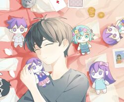  1boy ^_^ antenna_hair aubrey_(faraway)_(omori) aubrey_(headspace)_(omori) aubrey_(omori) basil_(headspace)_(omori) basil_(omori) black_hair card character_doll closed_eyes closed_mouth commentary_request cookie doll double-parted_bangs food from_above grey_shirt hair_between_eyes hector_(omori) hero_(headspace)_(omori) hero_(omori) highres holding holding_doll kel_(faraway)_(omori) kel_(headspace)_(omori) kel_(omori) lying male_focus mari_(headspace)_(omori) mari_(omori) omori omori_(omori) on_back photo_(object) picnic_blanket playing_card rock shirt short_hair short_sleeves smile solo sunny_(omori) t-shirt upper_body very_short_hair white_petals xkino0714 