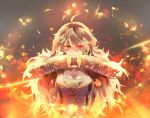  1girl ahoge blonde_hair breasts cleavage fingerless_gloves fist_bump gauntlets gloves long_hair looking_at_viewer natural_wind red_eyes rwby smile solo weapon yang_xiao_long 