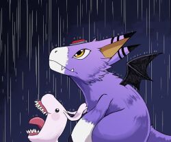  brown_eyes commentary_request digimon digimon_(creature) digital_monster_x-evolution dorumon from_side goku_and_vegeta_in_the_rain_(meme) highres la_wuchi meme open_mouth purple_fur rain sharp_teeth teeth tokomon tongue tongue_out two-tone_fur white_fur wings yellow_eyes 