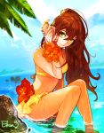  1girl bikini brown_hair elran flower green_eyes legs lips long_hair ocean original ponytail seashell shell skirt smile solo swimsuit water wet 