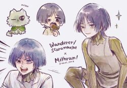  1boy abwi_str animalization arms_at_sides bags_under_eyes black_eyes blunt_ends capelet cat character_name cosplay dungeon_meshi eating empty_eyes food fork genshin_impact green_capelet green_sleeves grey_hair grey_shirt highres holding holding_fork male_focus mithrun mithrun_(cosplay) multiple_expressions open_mouth parted_bangs partially_shaded_face partially_unbuttoned person_and_animalization ribbed_collar ribbed_sleeves scaramouche_(genshin_impact) shirt smile solo teeth tongue tunic twitter_username uneven_eyes upper_teeth_only violet_eyes wanderer_(genshin_impact) white_background white_cat white_shirt wispy_bangs 