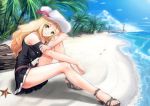  1girl absurdres beach blonde_hair blue_sky bracelet breasts clouds dress green_eyes hat highres jewelry legs lighthouse necklace ocean palm_tree ring sand sandals sky soyo_kaze starfish tagme tree water 