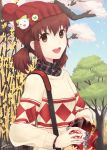  1girl :d beanie brown_eyes brown_hair bust cherry_blossoms dated hat hat_ornament looking_at_viewer minari open_mouth original petals plaid plaid_shirt short_hair short_twintails signature smile snack solo sweater tree twintails 