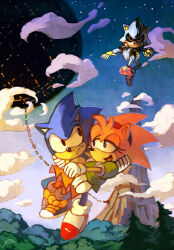  1girl 2boys amy_rose blue_eyes bluekomadori carrying closed_mouth clouds eyelashes furry furry_female furry_male hairband highres metal_sonic multiple_boys outdoors pine_tree princess_carry red_eyes red_hairband red_shoes shoes sonic_(series) sonic_cd sonic_the_hedgehog sonic_the_hedgehog_(classic) star_(sky) tower tree 