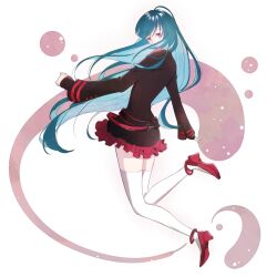  1girl anklet aqua_hair belt black_order_uniform blue_hair brown_coat brown_gloves coat d.gray-man fingerless_gloves floating floating_hair flying gloves high_heels highres jewelry legs lenalee_lee long_hair looking_at_viewer looking_back military military_uniform miniskirt pink_background pleated_skirt red_shoes red_skirt red_stripes rulne shoes sidelocks skirt solo striped_coat swirl thigh-highs thighs two-tone_background violet_eyes white_background white_thighhighs 