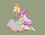  2girls aida_mana arms_around_waist barefoot blonde_hair closed_eyes dokidoki!_precure green_background hairband half_updo hug hug_from_behind kneeling long_hair multiple_girls nessawa pink_hair precure red_ribbon regina_(dokidoki!_precure) ribbon sad short_hair simple_background sitting tears 