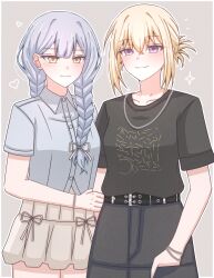 2girls absurdres alternate_hairstyle aunt_and_niece bang_dream! bang_dream!_it's_mygo!!!!! belt black_t-shirt blonde_hair blue_hair braid casual cowboy_shot firman_acker grabbing_another's_arm grey_shirt hair_ribbon hand_in_pocket highres jewelry long_hair medium_hair misumi_uika multiple_girls necklace ribbon shirt simple_background skirt smile sparkle t-shirt togawa_sakiko twin_braids violet_eyes yellow_eyes yuri