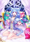  1girl animal_ears barefoot bed blue_hair box_(hotpppink) cat_ears cat_tail dress hand_puppet happy legs long_hair original pillow puppet solo tail violet_eyes 