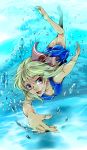  1girl barefoot blonde_hair bubble diving fang nmknf_(mkn) red_eyes rumia solo swimming swimsuit touhou underwater 