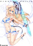  1girl 2d barefoot bikini blonde_hair blue_eyes legs long_hair mecha_musume original solo swimsuit sword weapon 