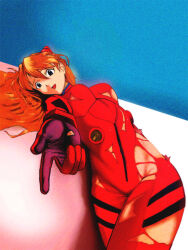  1girl 90s asuka_langley blue_eyes bodysuit breasts dated gloves laying_down long_hair looking_at_viewer neon_genesis_evangelion neuwair open_mouth orange_hair perspective red_bodysuit simple_background smile souryuu_asuka_langley uniform white_background 